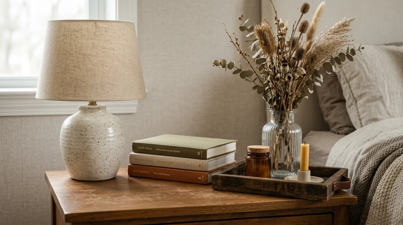 Use bedside styling with clay and branches inspiration for an earthy bedroom.